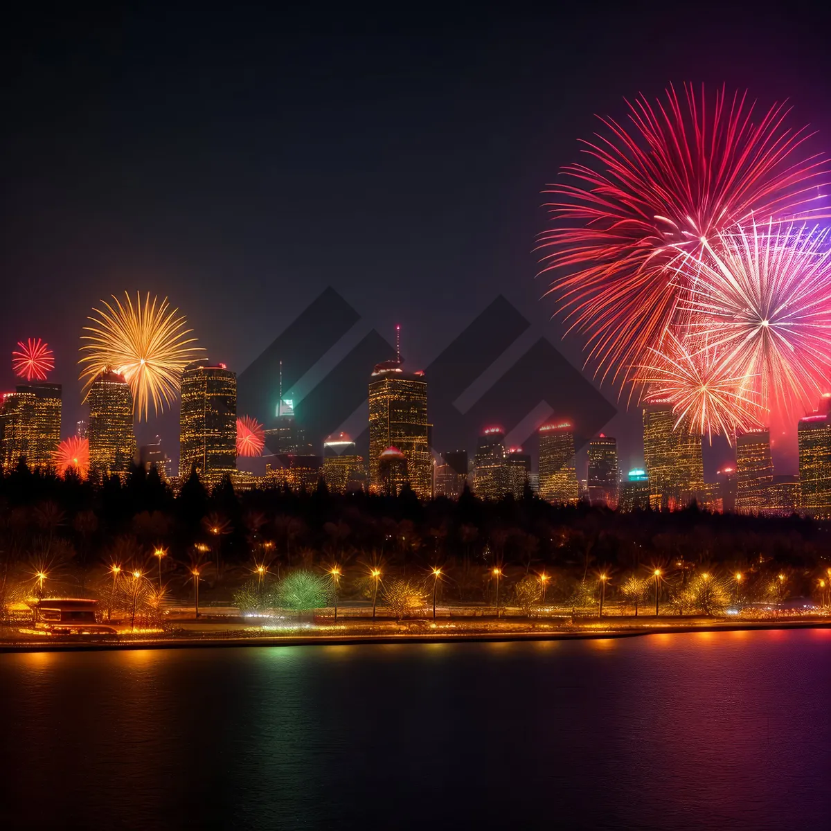 Picture of Nighttime Fireworks Reflection over City Skyline