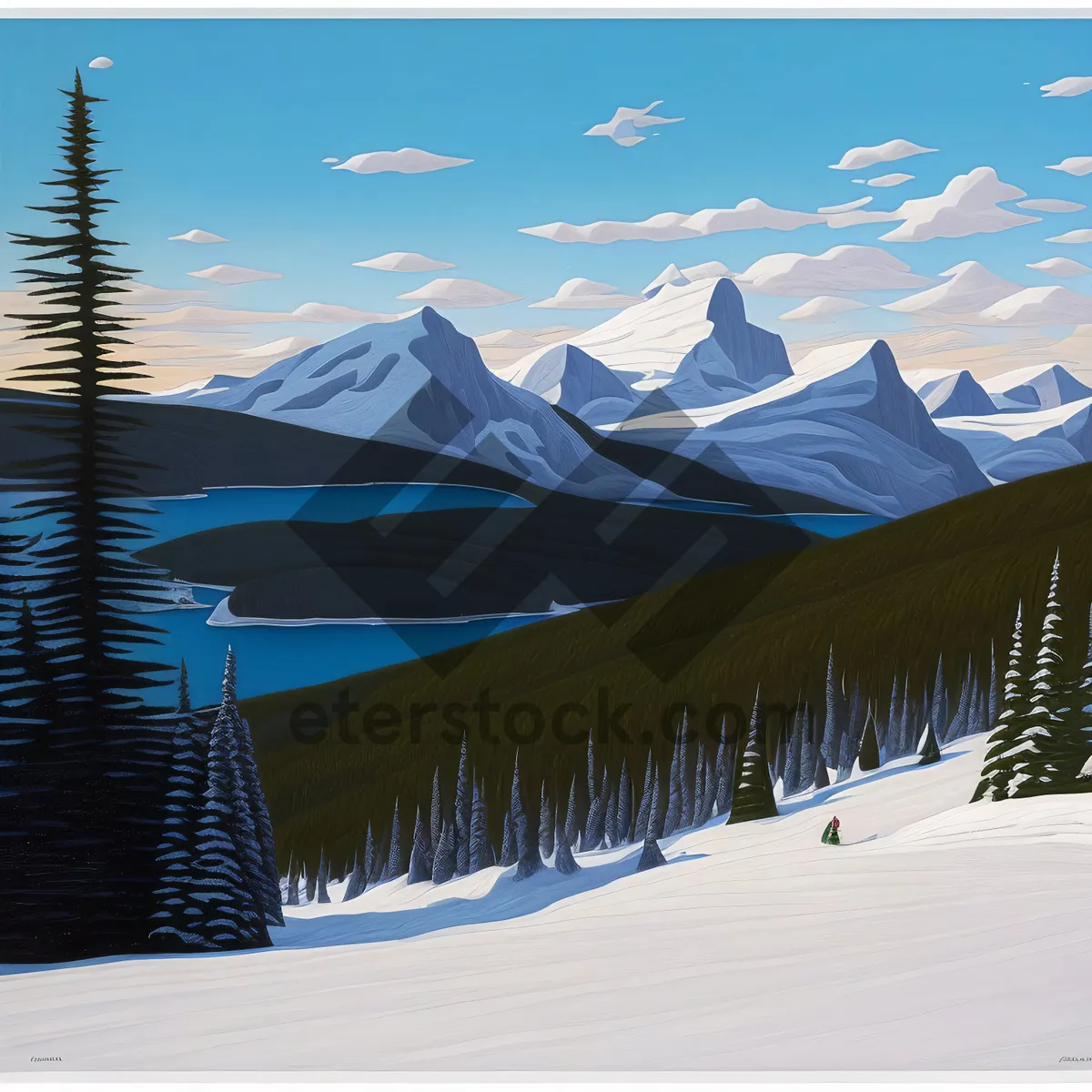 Picture of Winter Wonderland: Majestic snow-covered mountain landscape framed by towering trees.