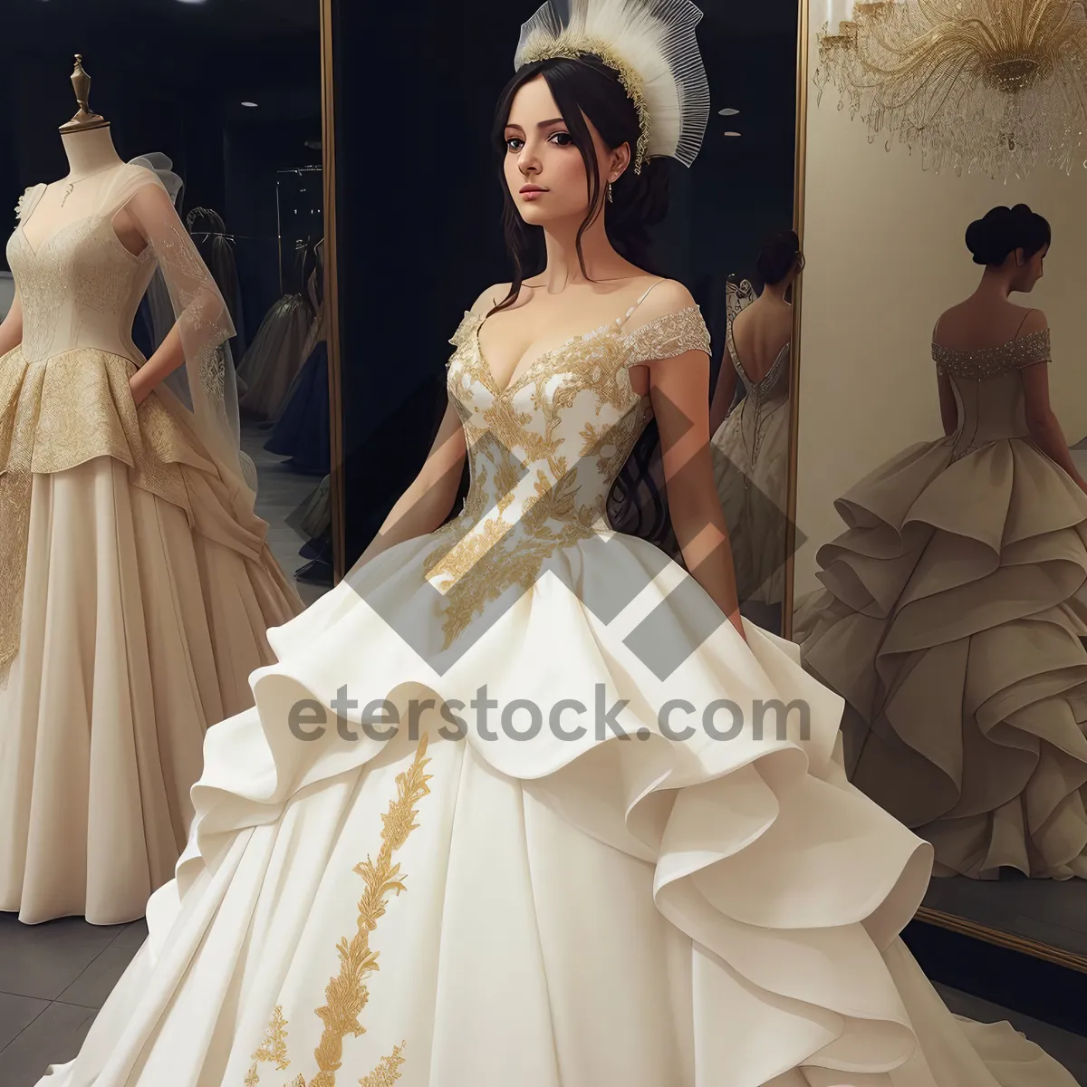 Picture of Beautiful Bride in Wedding Gown holding Bouquet