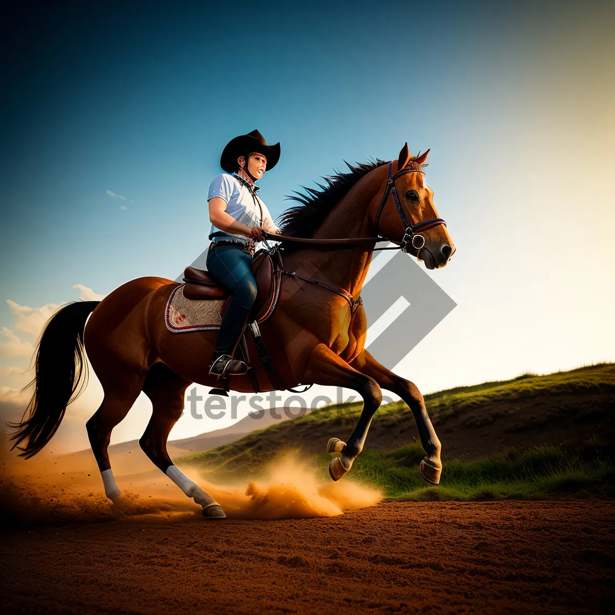 Picture of Thoroughbred Stallion Galloping Through Green Field