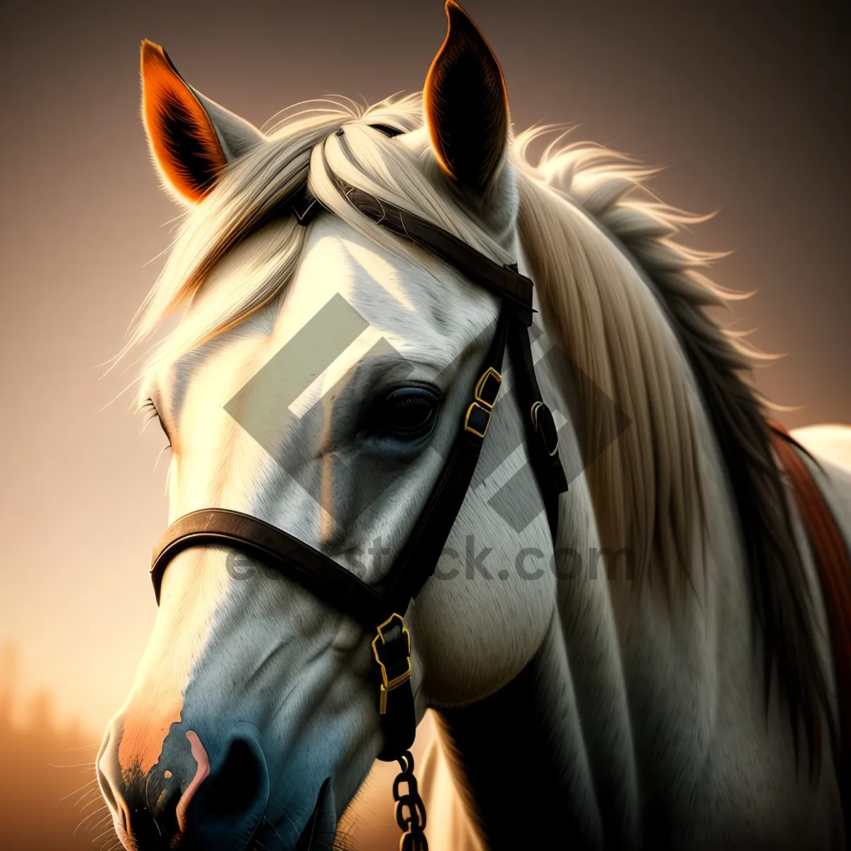 Picture of Thoroughbred Stallion with Bridle and Mane in Equestrian Portrait