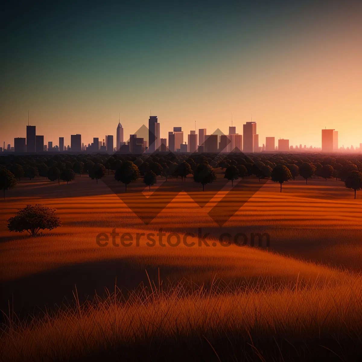 Picture of City Sunset Over River - Urban Skyline Reflection