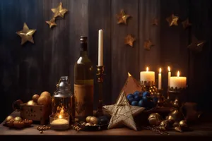 Gold menorah candlestick on decorative altar in dim light.