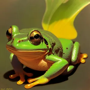 Vibrant-eyed Tree Frog Peeking from Leaf