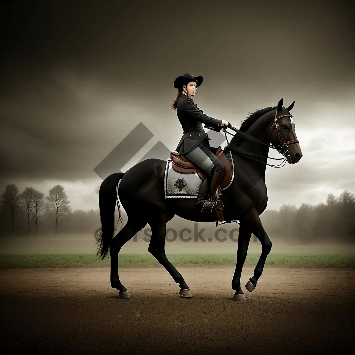 Picture of Thoroughbred horse with polo mallet in equestrian sport