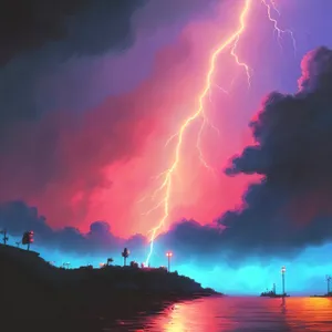 Dramatic Sunset Sky with Bright Lightning and Powerful Storm