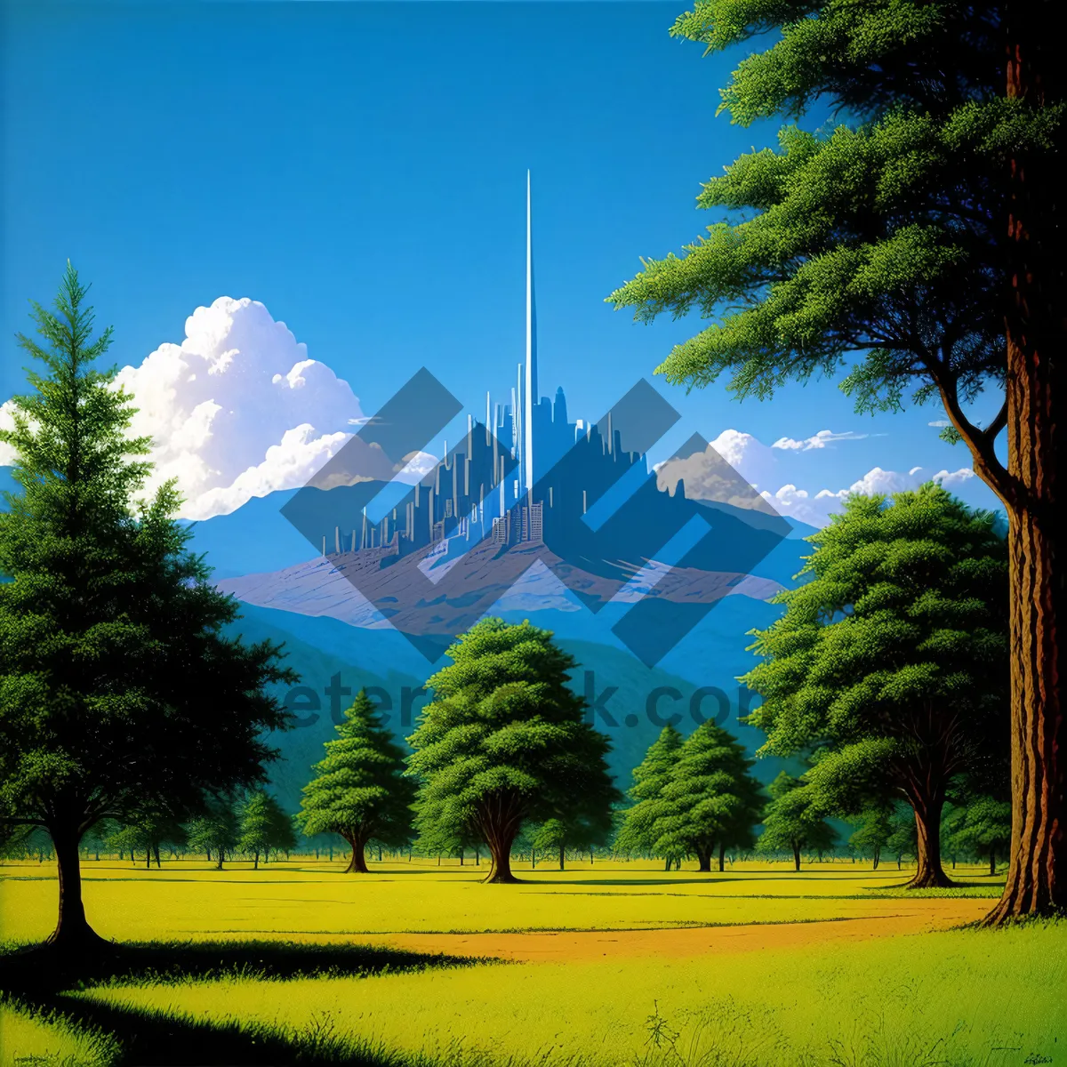 Picture of Summer Scenic Meadow with Tree and Clouds