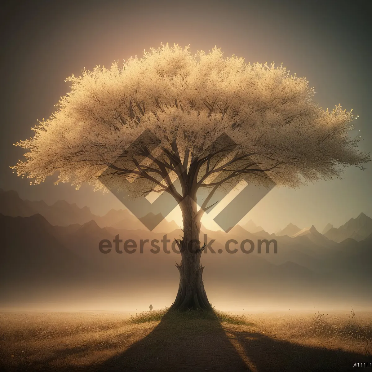 Picture of Idyllic Sunlit Landscape with Majestic Oak Tree