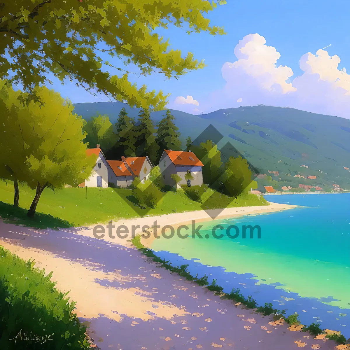 Picture of Tropical beach landscape with sun and clouds.