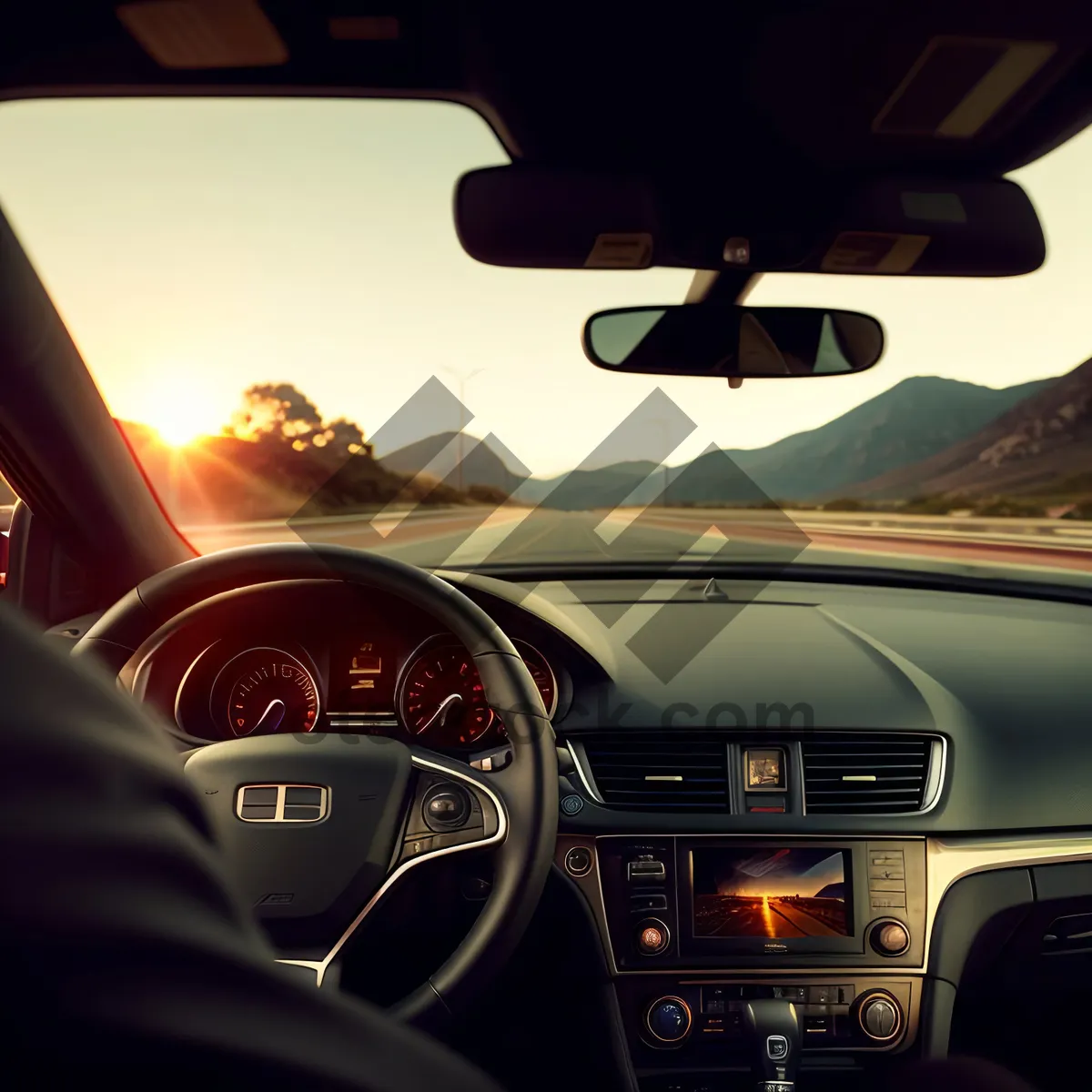 Picture of Modern Car Cockpit with Steering Wheel and Speed Device