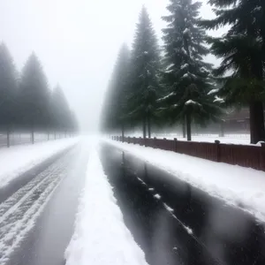 Serene Winter Wonderland: Snowy Landscape with Road and Sprinkler