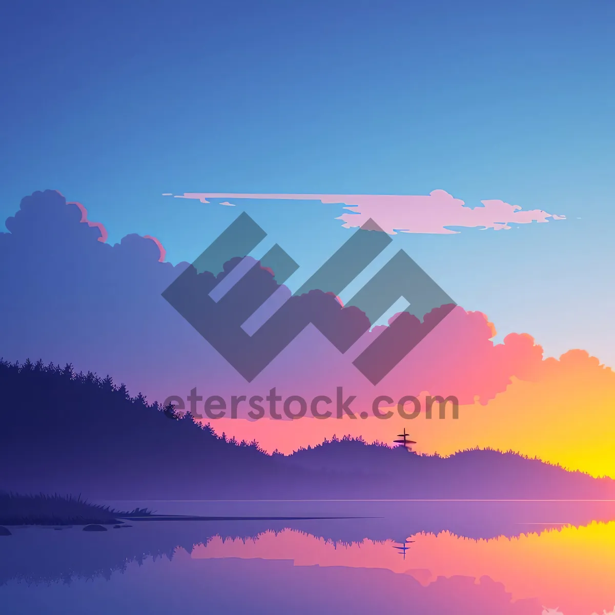 Picture of Summer Sunset over Lake with Fluffy Clouds