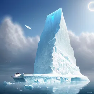 Frozen Ocean Wonderland: Majestic Iceberg Amidst Chilly Sky