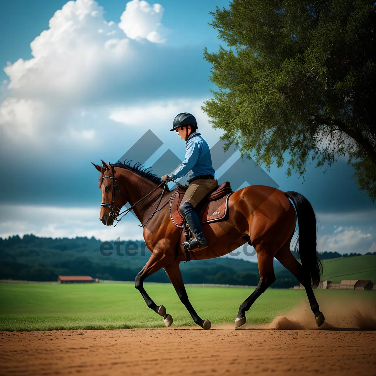 Picture of Stallion galloping on a polo field.