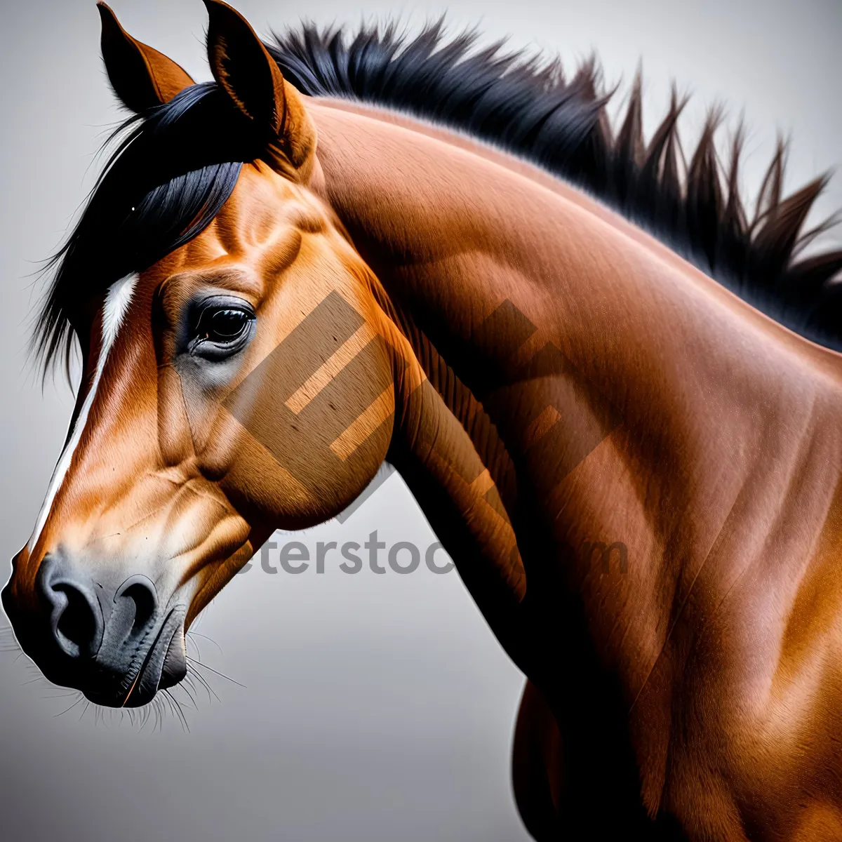 Picture of Brown Thoroughbred Horse with Bridle in Farm