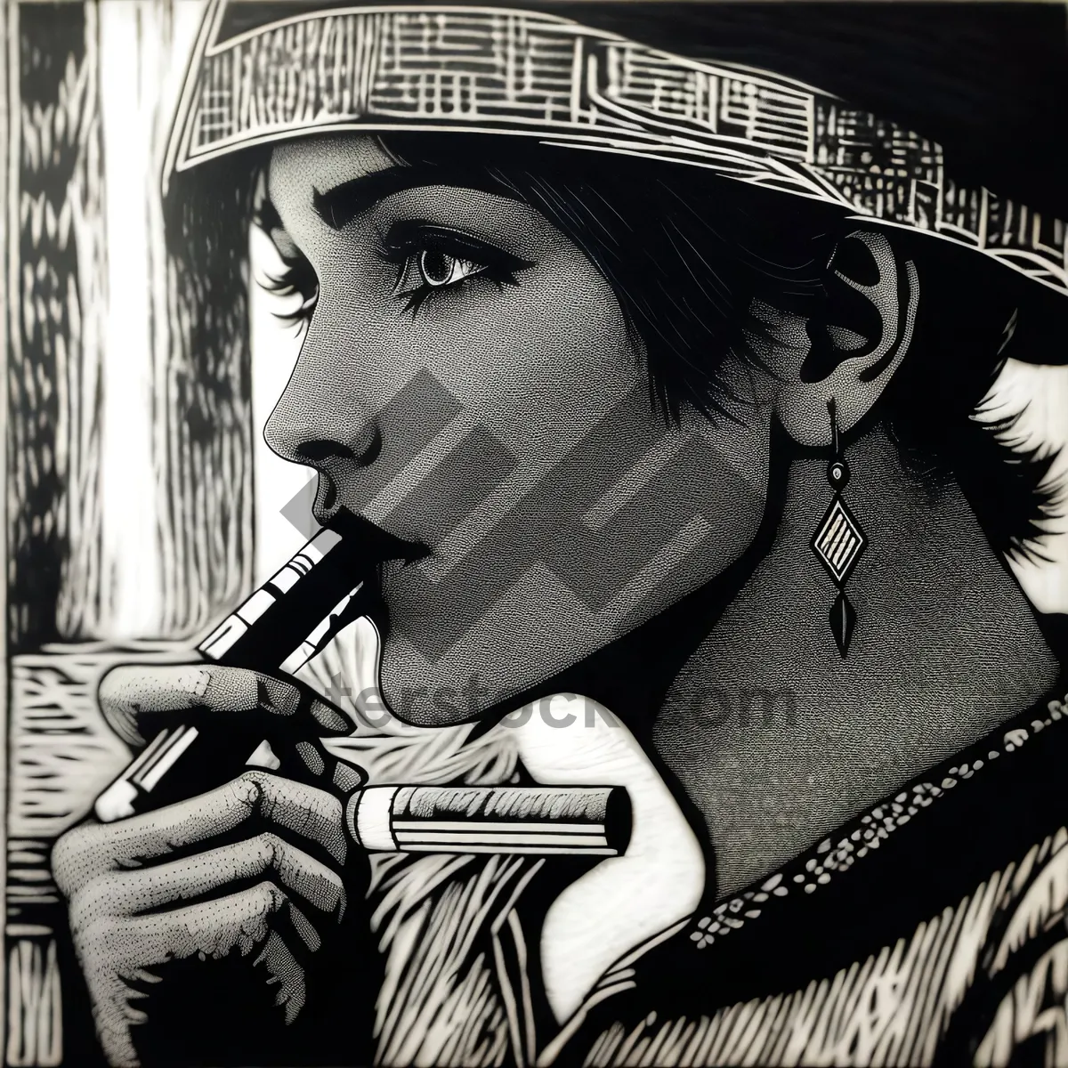 Picture of Beautiful brunette musician playing flute in a portrait.