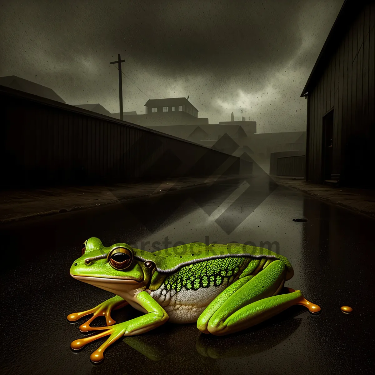 Picture of Bulging-eyed Tree Frog Peeking Through Leaves