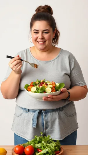 Healthy Breakfast Salad with Smiling Woman in Kitchen