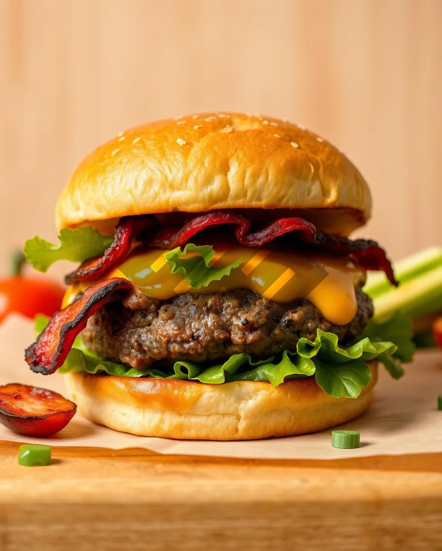 Picture of Delicious Grilled Beef Burger with Cheese and Vegetables