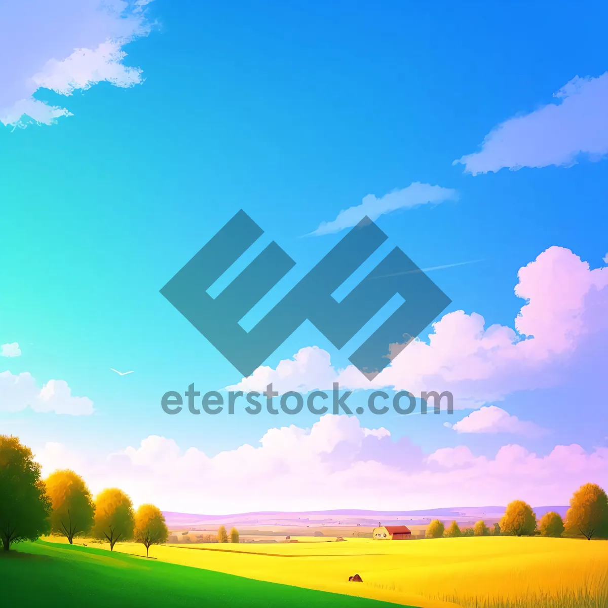 Picture of Vibrant Farmland Under a Colorful Sky