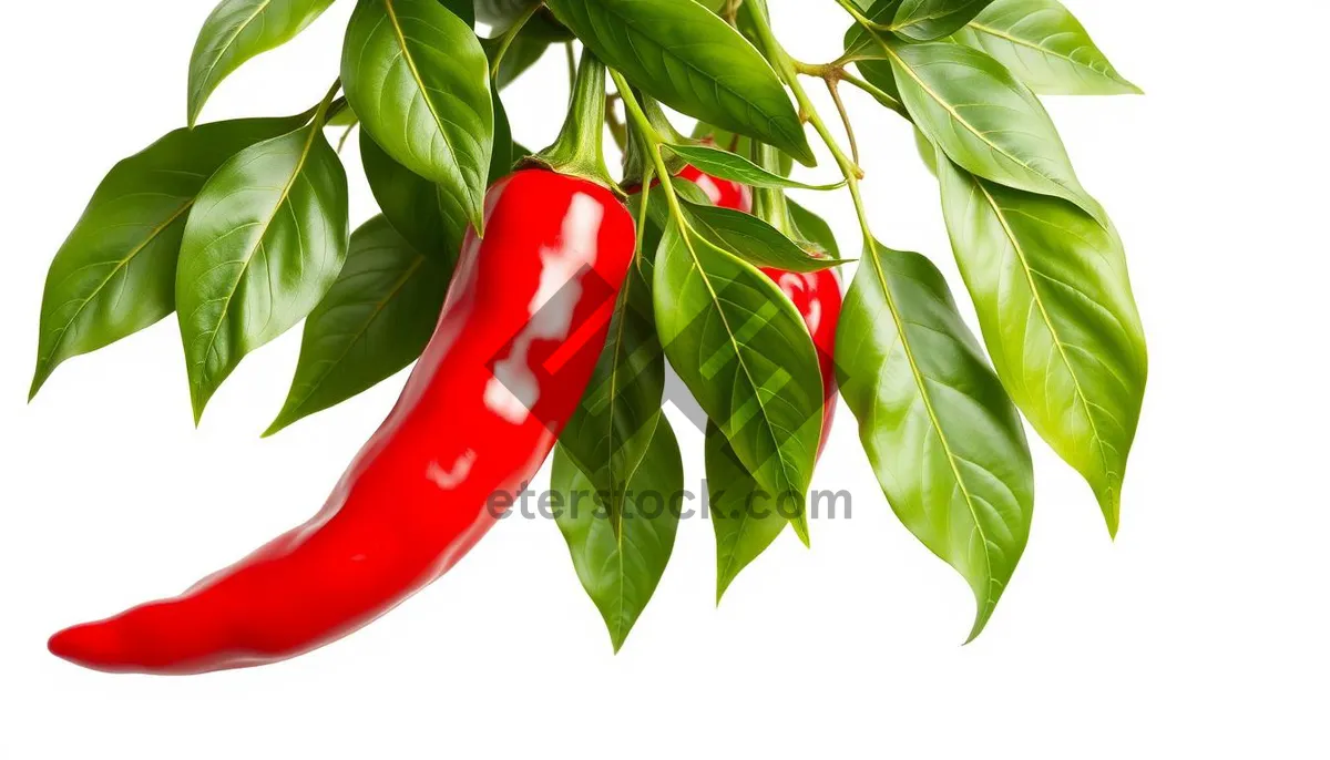 Picture of Organic sweet pepper plant with fresh leaves on branch.