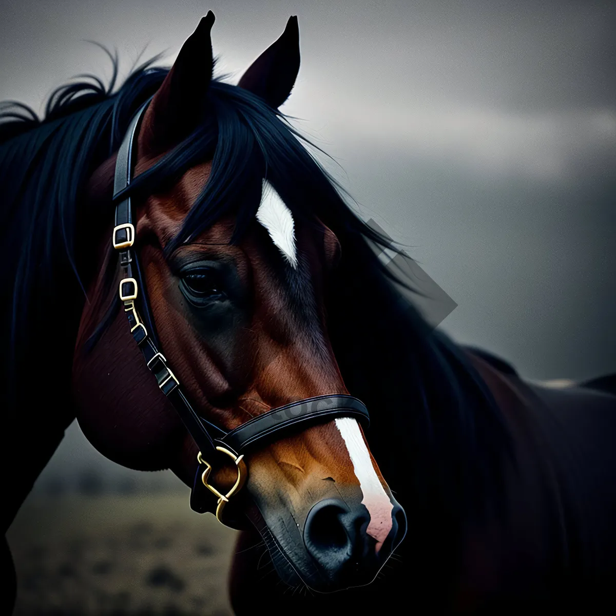 Picture of Thoroughbred Stallion With Bridle and Headgear