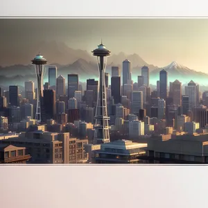 Downtown skyline reflecting on waterfront at dusk