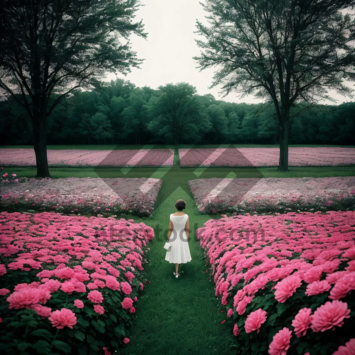 Picture of Spring Garden with Colorful Flowers and Lush Trees