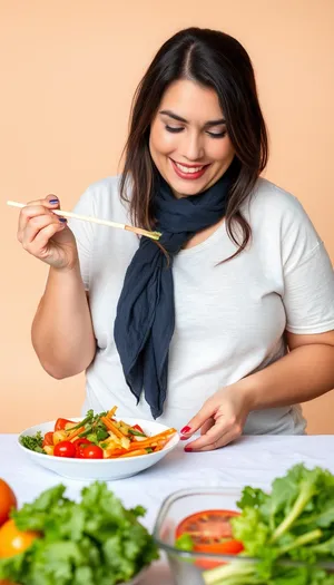 Happy Woman Eating Healthy Salad at Home.