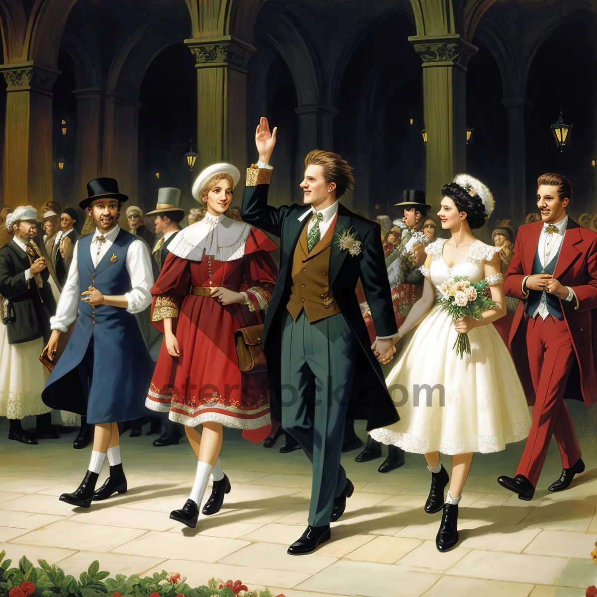 Picture of Happy musician performer in stylish dress on stage