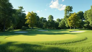 Scenic golf course with flag and golfer