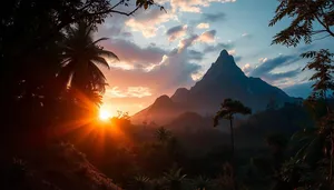 Mountain silhouette against orange sunset sky