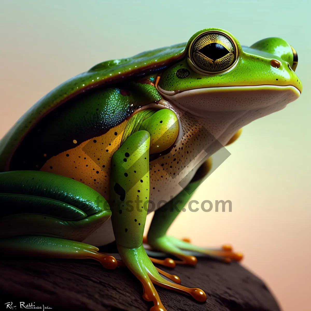 Picture of Vibrant-eyed Tree Frog Peeking Through Leaf