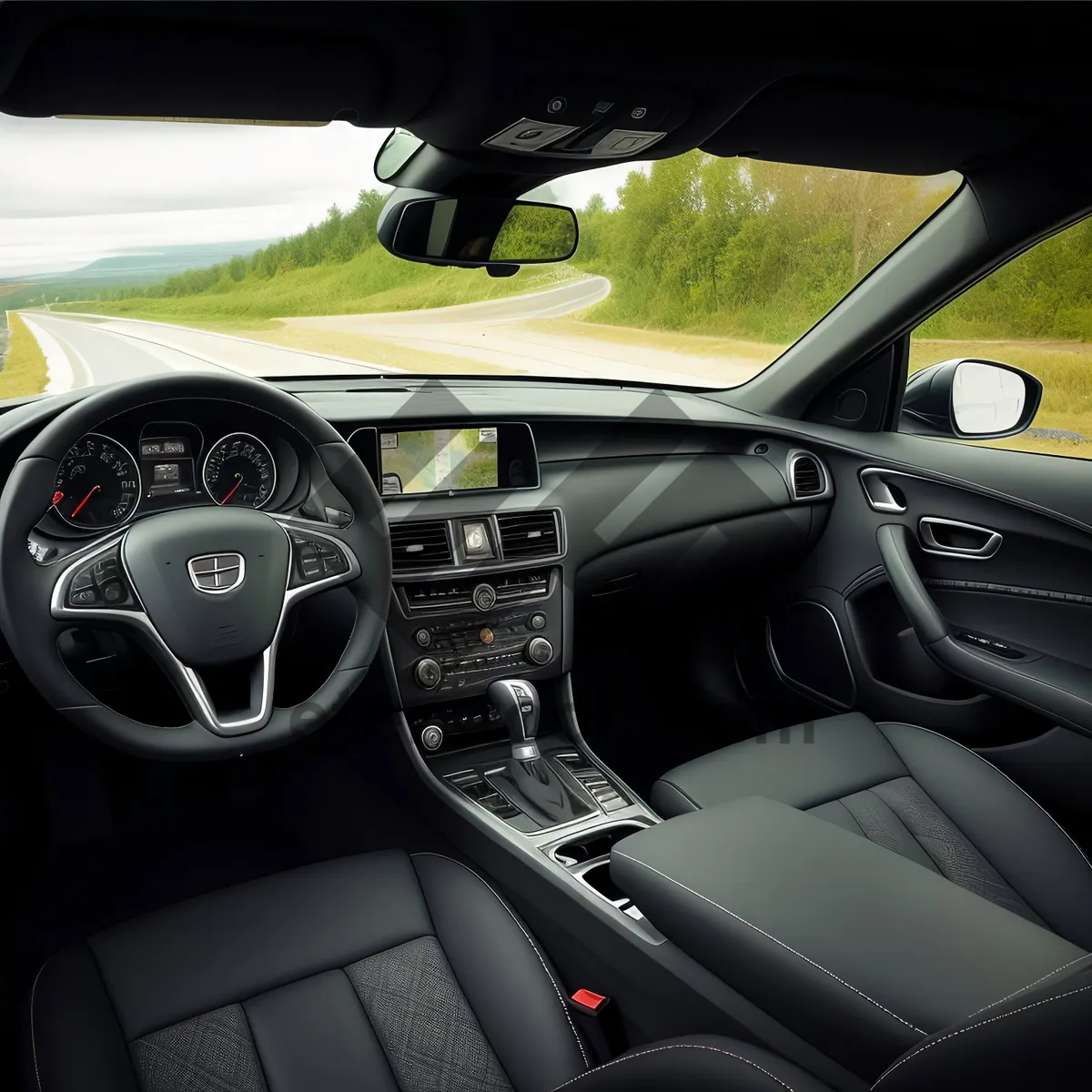 Picture of Modern Car Interior with Bucket Seat and Steering Wheel