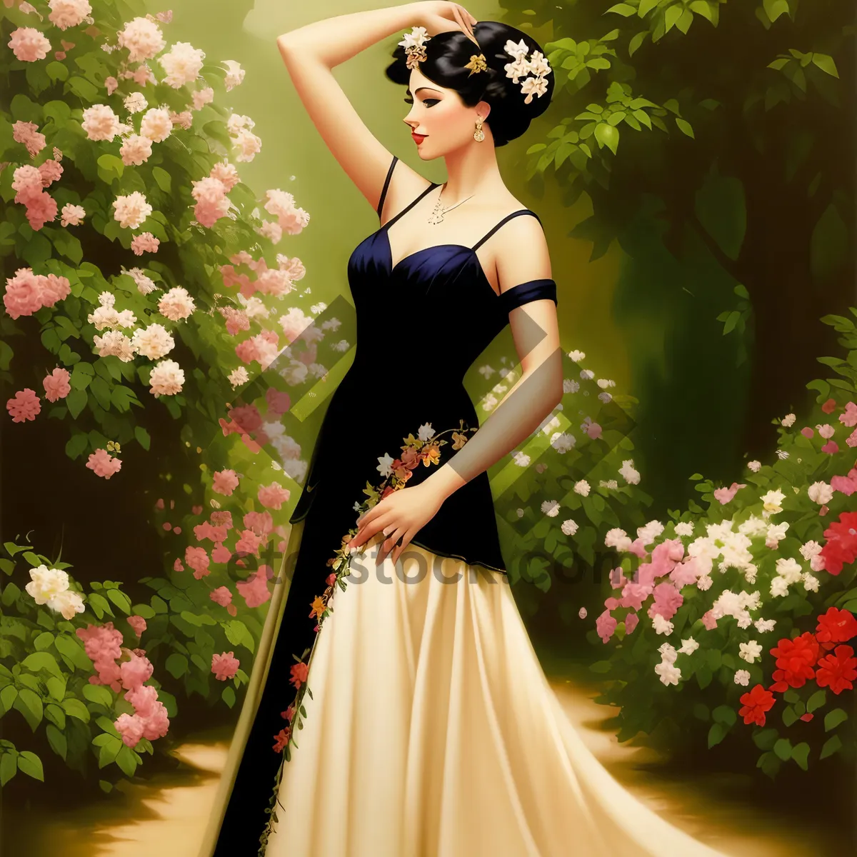 Picture of Elegant Bride with Happy Smile Holding Flower Bouquet
