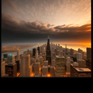 Cityscape at Dusk: Modern Skyscrapers Illuminated