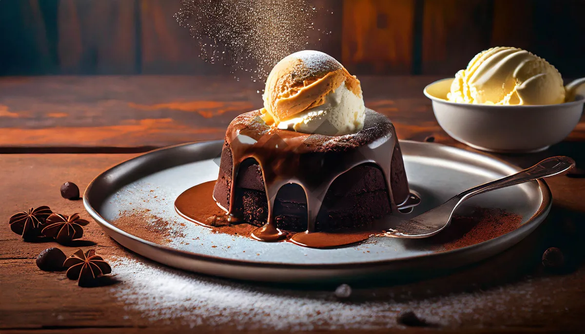 Picture of Delicious chocolate cake with cream frosting and espresso cup