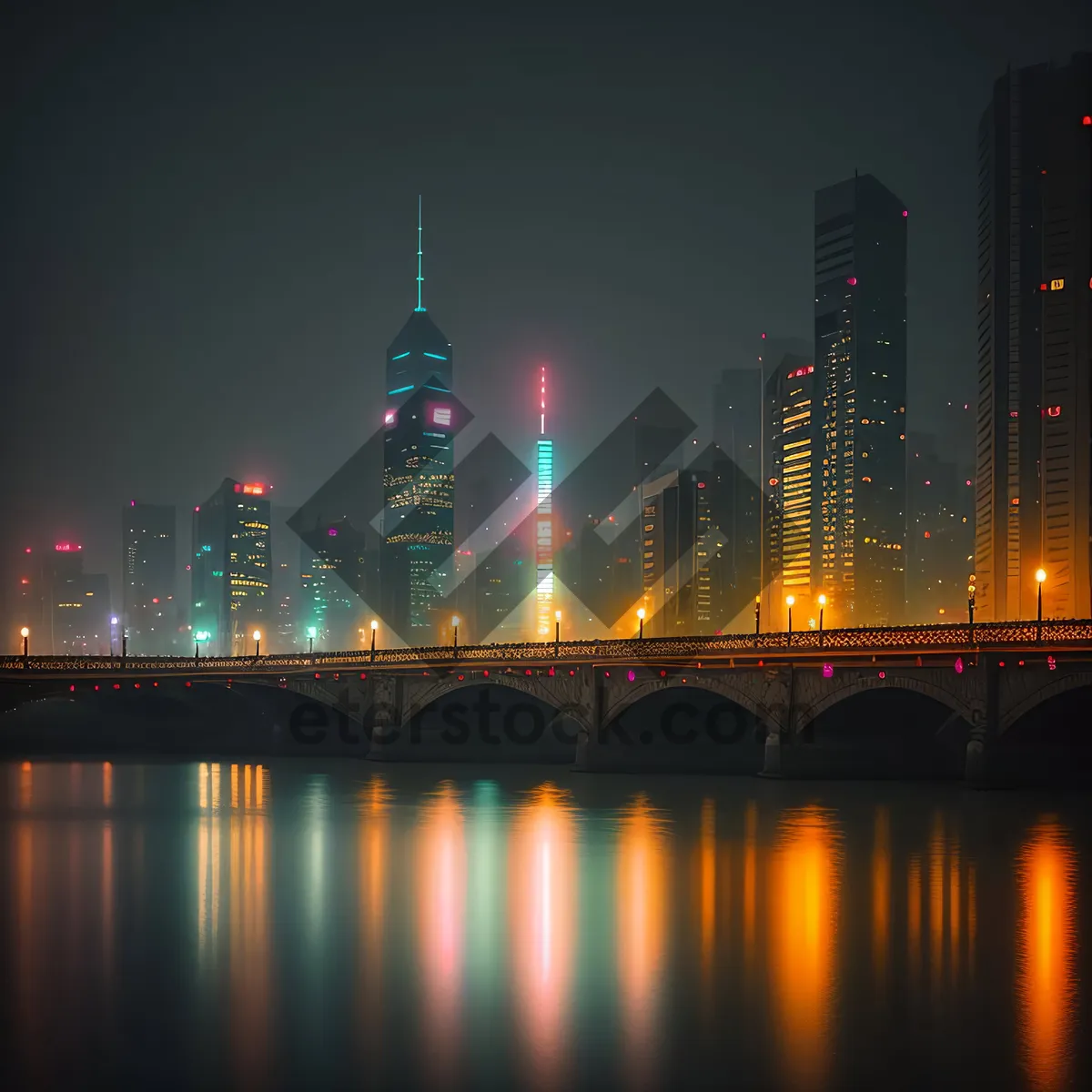 Picture of City Lights at Twilight: Urban River Reflection