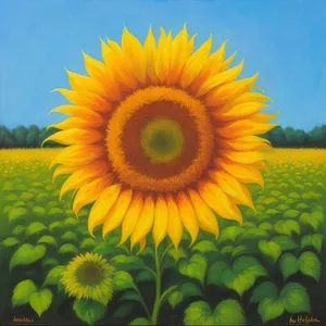 Bright sunflower blossom in yellow field