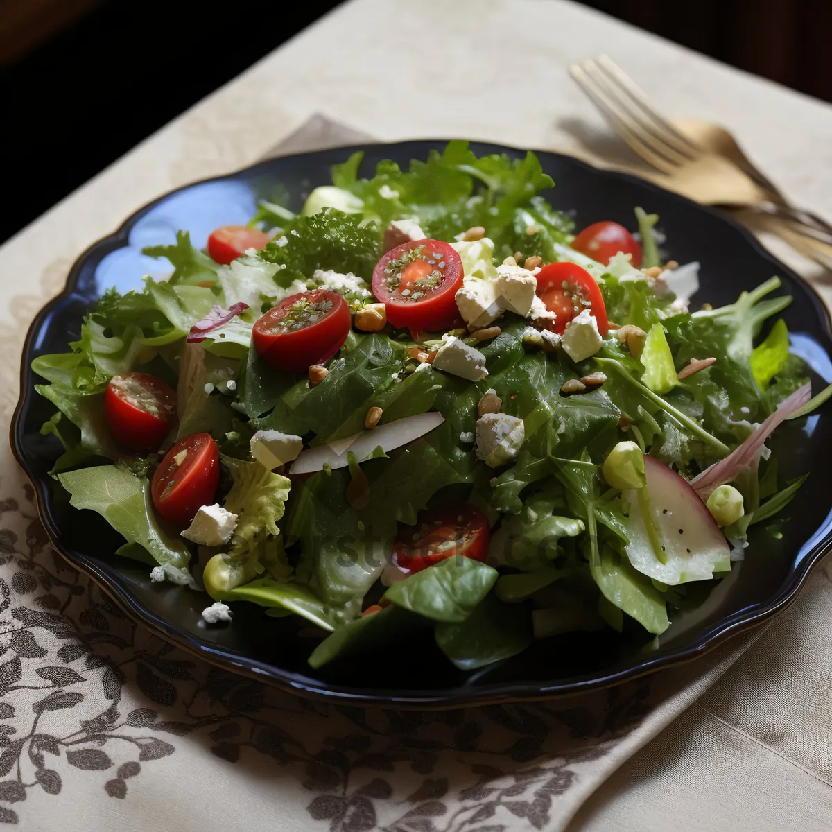 Picture of Delicious Gourmet Salad with Fresh Vegetables and Cheese.