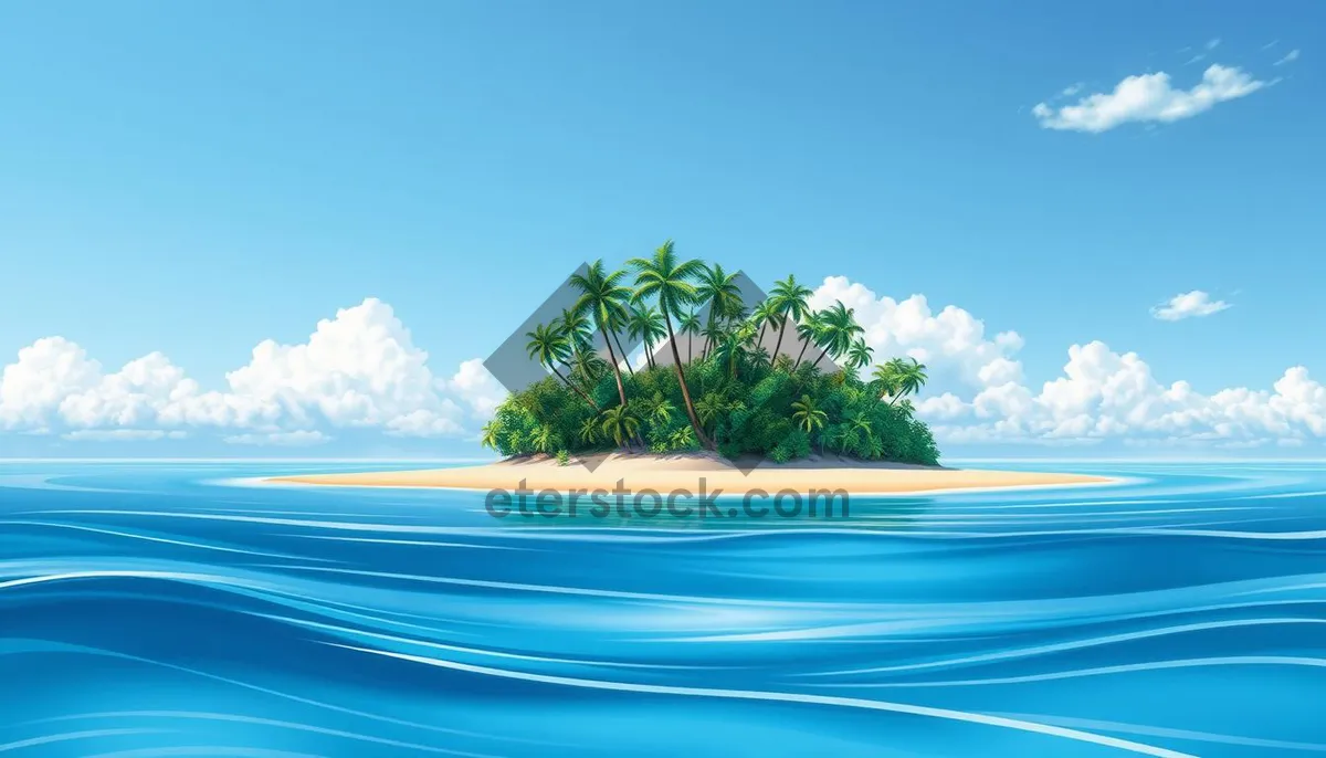 Picture of Tropical beach paradise with palm trees, waves, and sun.