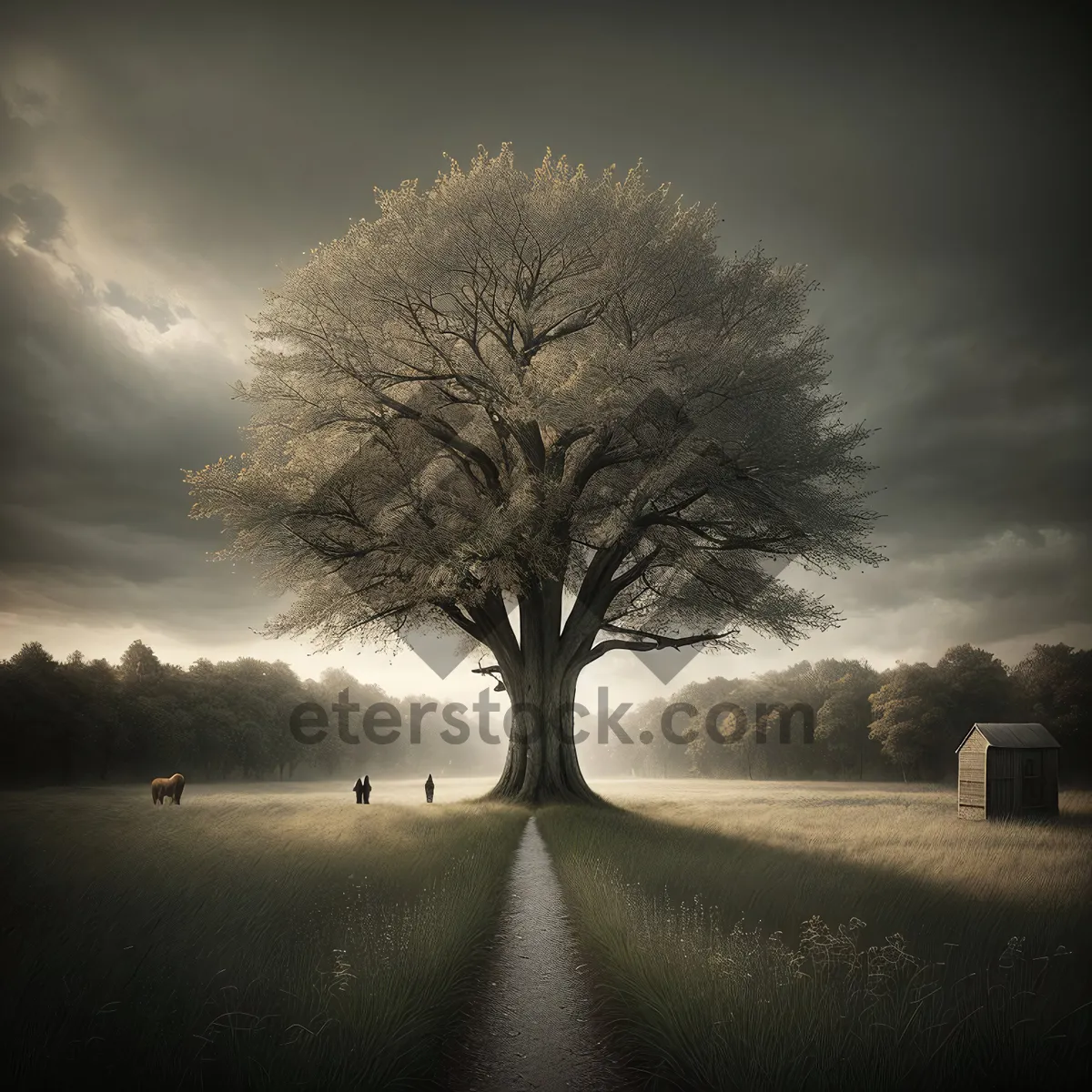 Picture of Golden Sunset Over Rural Park with Tree Silhouette