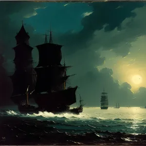 Pirate Ship Sailing at Sunset Near Ancient Tower