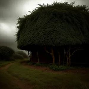 Tropical Thatch Roof Overlooking Beach Landscape