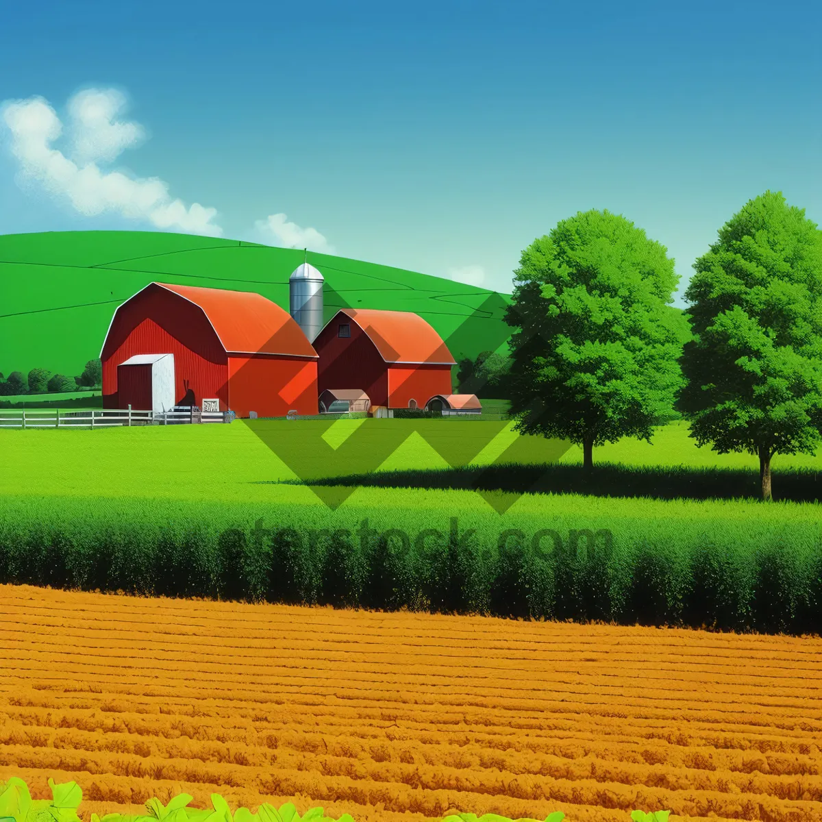 Picture of Rural Farm Building Amidst Wheat Field, Under Sunny Sky