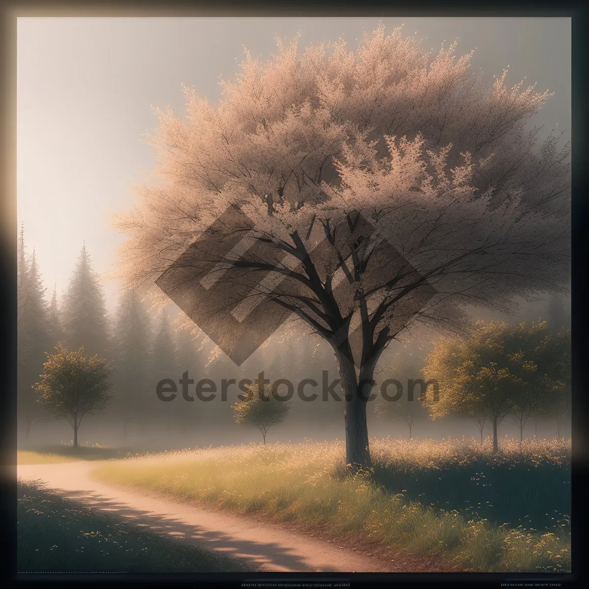 Picture of Sunset Skyline with Winter Trees and Park Bench