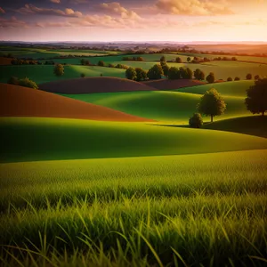 Rural Meadow Landscape with Wheat Field and Clear Sky