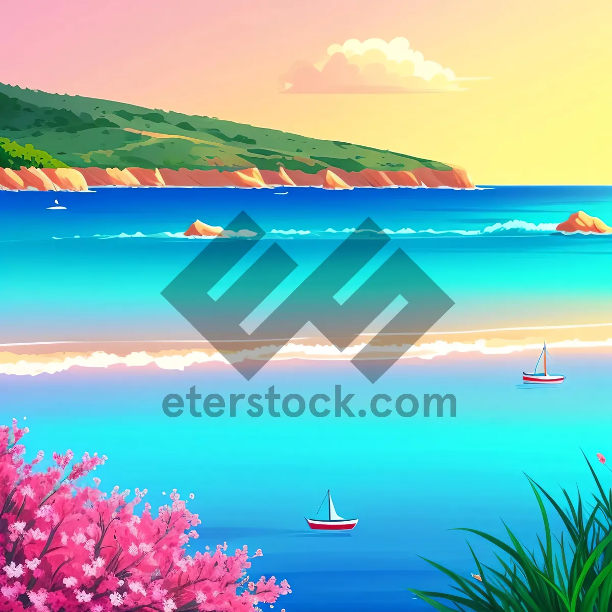 Picture of Sunset over Tropical Coastline: Serene Ocean, Vibrant Sky