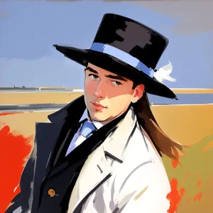 Happy businessman in suit and hat smiling with success.