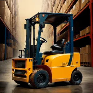 Heavy-duty forklift truck transporting industrial cargo.